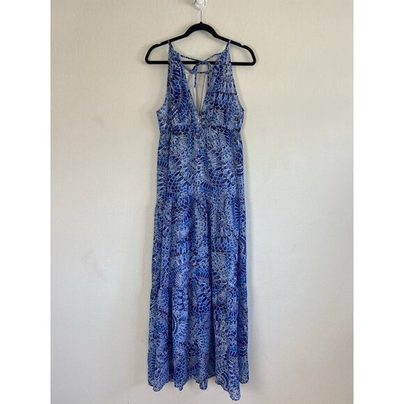 BOSTON PROPER Size 10 Boho Summer Peasant Tiered Maxi Dress Blue Feather Print - Picture 2 of 13